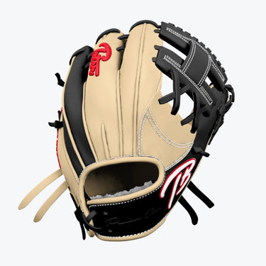 Top view of an I-Web Infield baseball glove. Primairly in black and blonde with various red accent colors on the