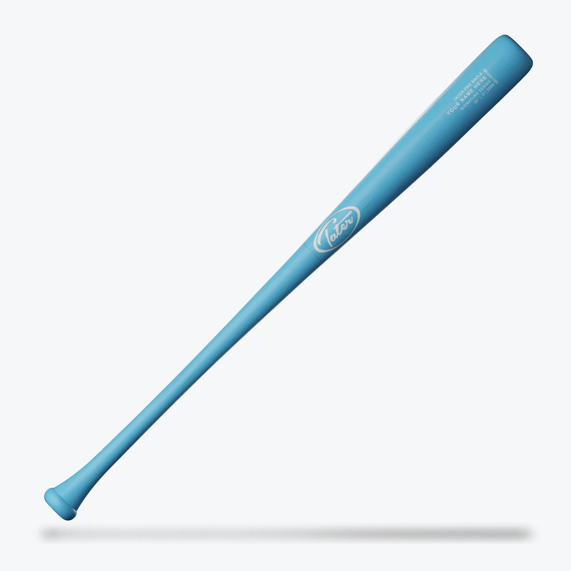 A Tater youth wood baseball bat, model 271, painted in a baby blue color, is depicted isolated against a white background. The bat's balanced drop 8 build is crafted from maple, and it's tailored to support the swing development of younger players.
