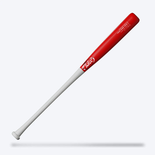 This image displays the Tater LGND34 maple 'Corndog' wood bat, ASA-approved for official softball play. It's distinct with a vibrant red barrel that transitions to a classic white handle, combining a traditional look with a touch of flair for the field.