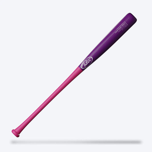 The image shows a striking maple wooden softball bat with a big barrel, painted in a gradient from vibrant pink to deep purple. The glossy finish catches the light, highlighting the Tater logo in white. It's a bat that stands out on the field and meets ASA standards for coed softball play.