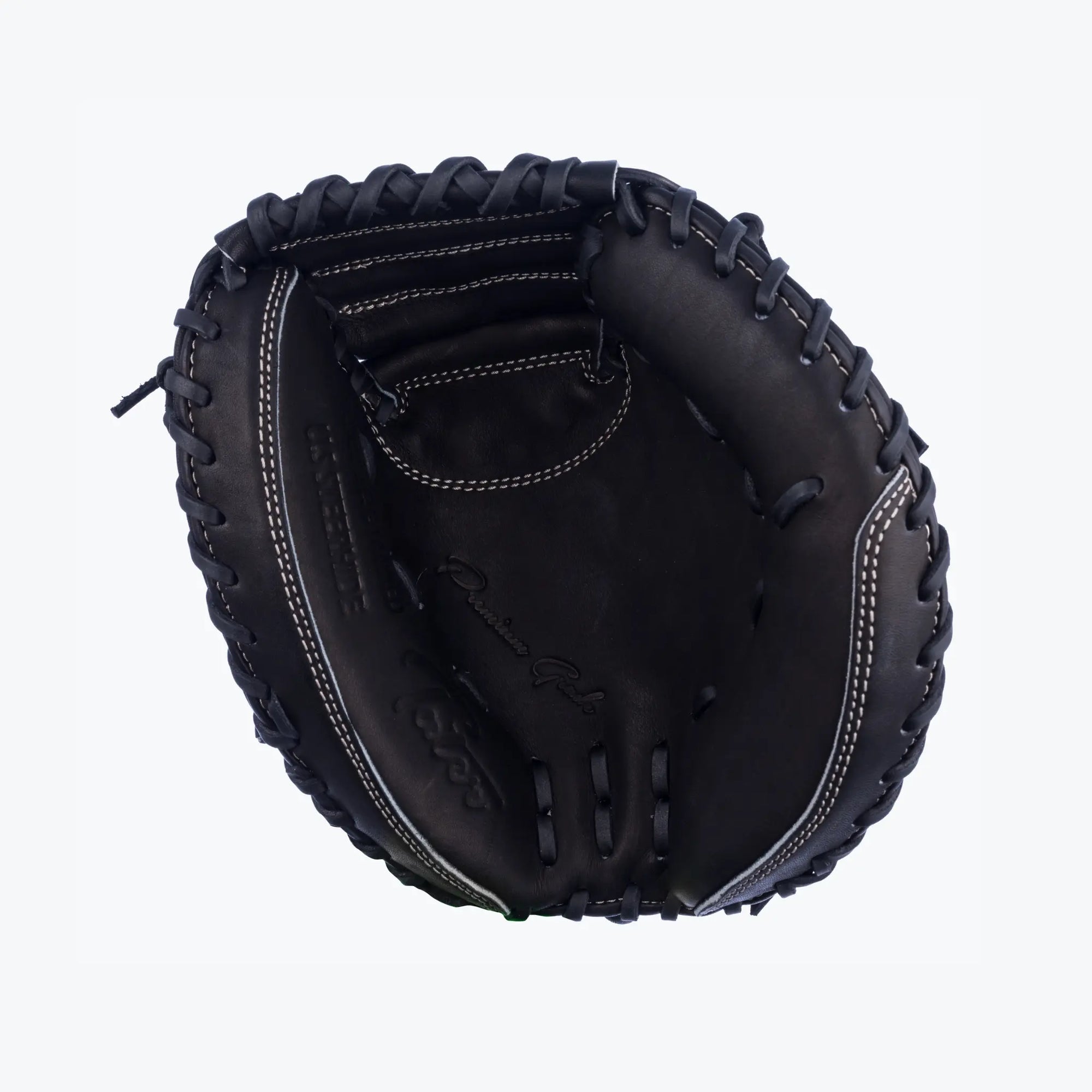 The image captures a Tater Baseball 28-inch Mini Catcher's Mitt Trainer, designed in classic black with stylish white stitching and logo detail. Its small pocket is perfect for training catchers to secure and handle the ball with precision. Ideal for refining skills on the field.