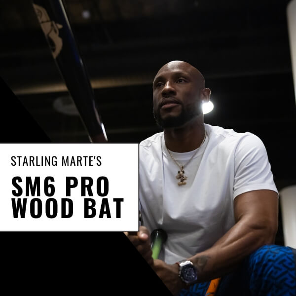 Starling Marte Holding His Signature Wood Bat in Los Angeles. 