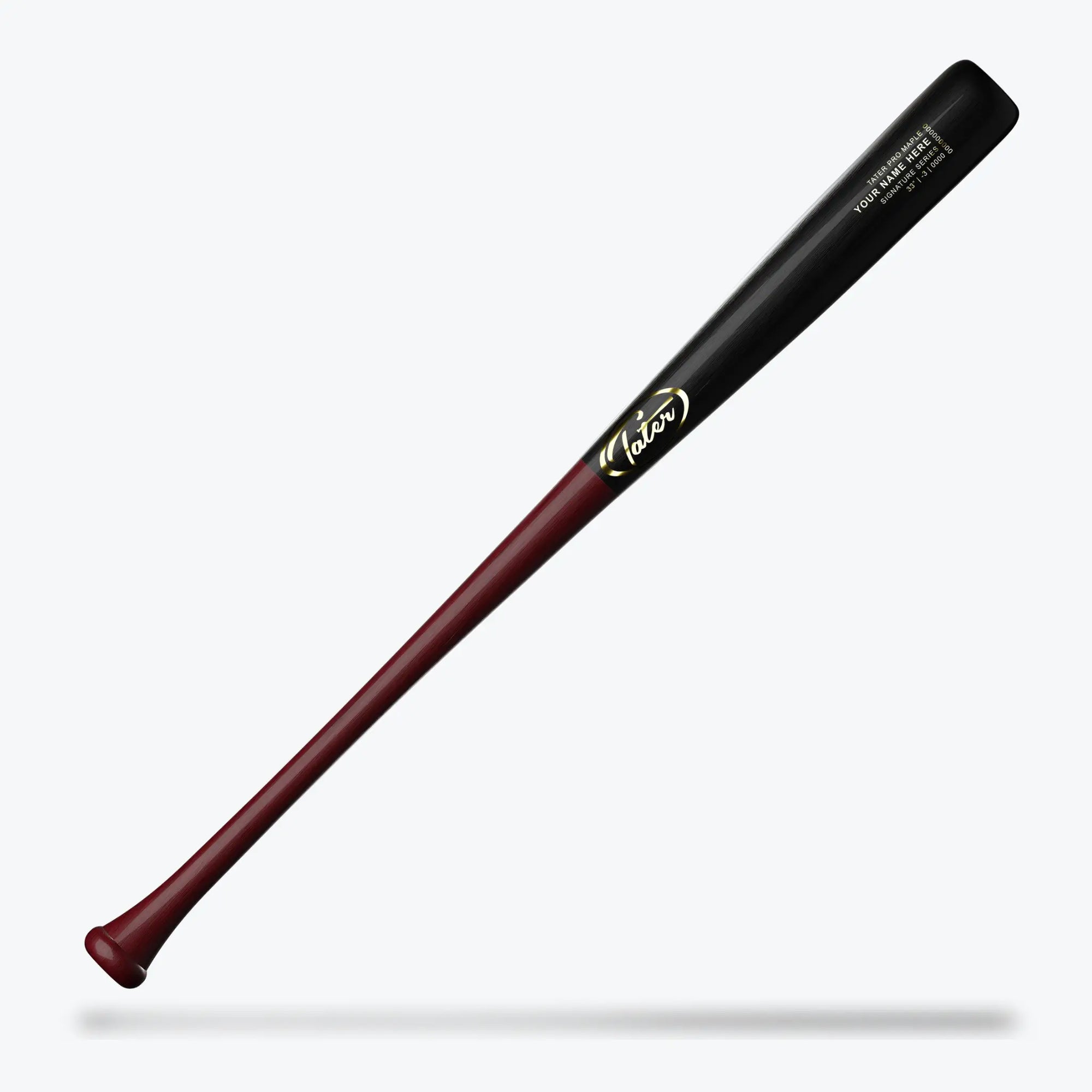 Depicted in the image is a Tater 271 custom wood bat, 31 to 33 inches with a balanced drop 3. It boasts a deep burgundy handle that elegantly fades into a black barrel, adorned with the Tater logo in gold, presenting a stylish Louisville Slugger alternative for discerning players.