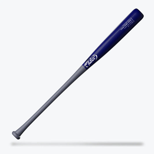  sleek Tater CB15 custom wood bat, featuring a deep navy blue barrel that fades to a classic grey handle. The bat, sized at 31, 32, or 33 inches with an end-loaded feel, promises a solid swing for those who mean business at the plate.