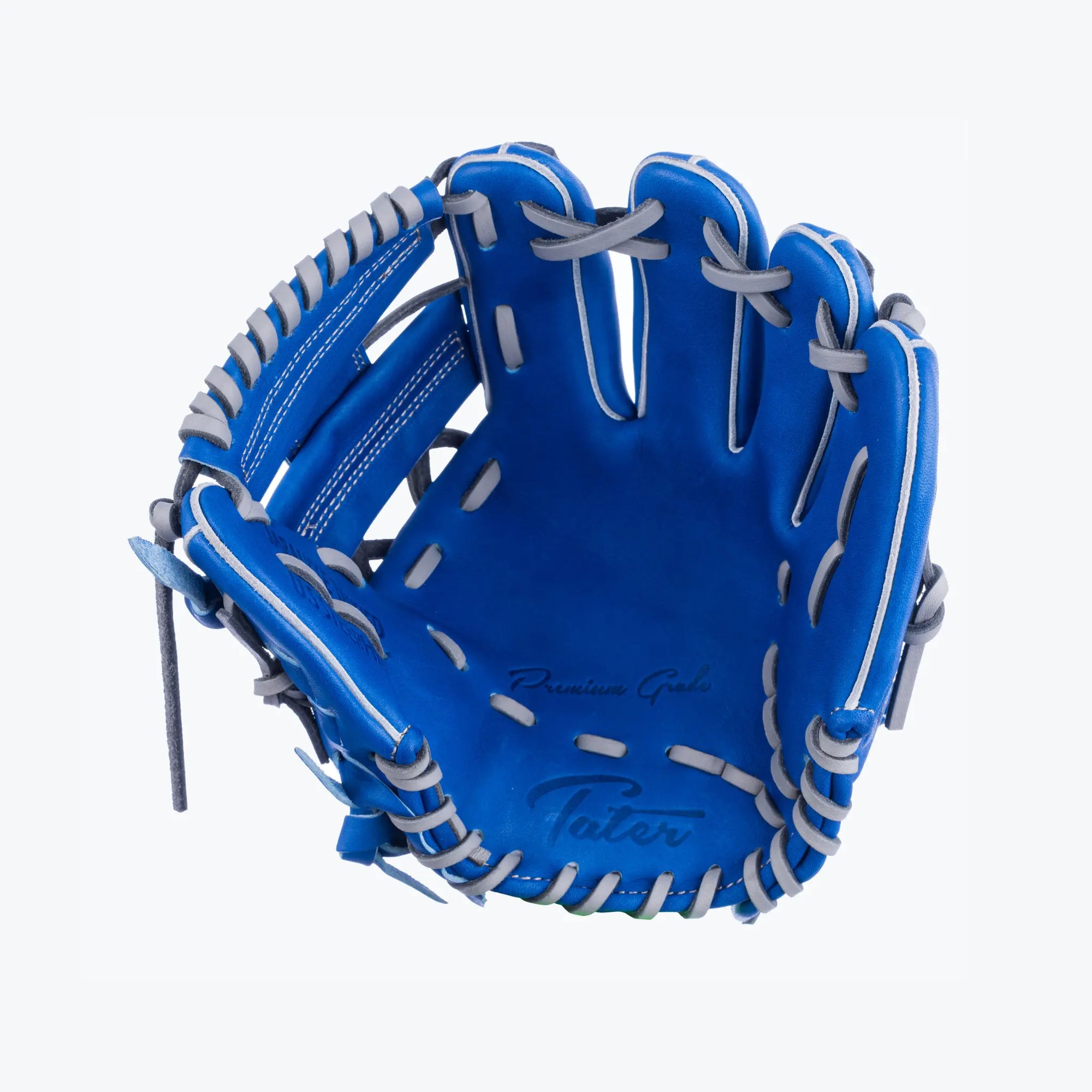 Professional blue premium infield training glove, 9.5-inch, with grey lacing and 'Play to Keeps' inscription, designed for high-level performance by Tater Baseball.