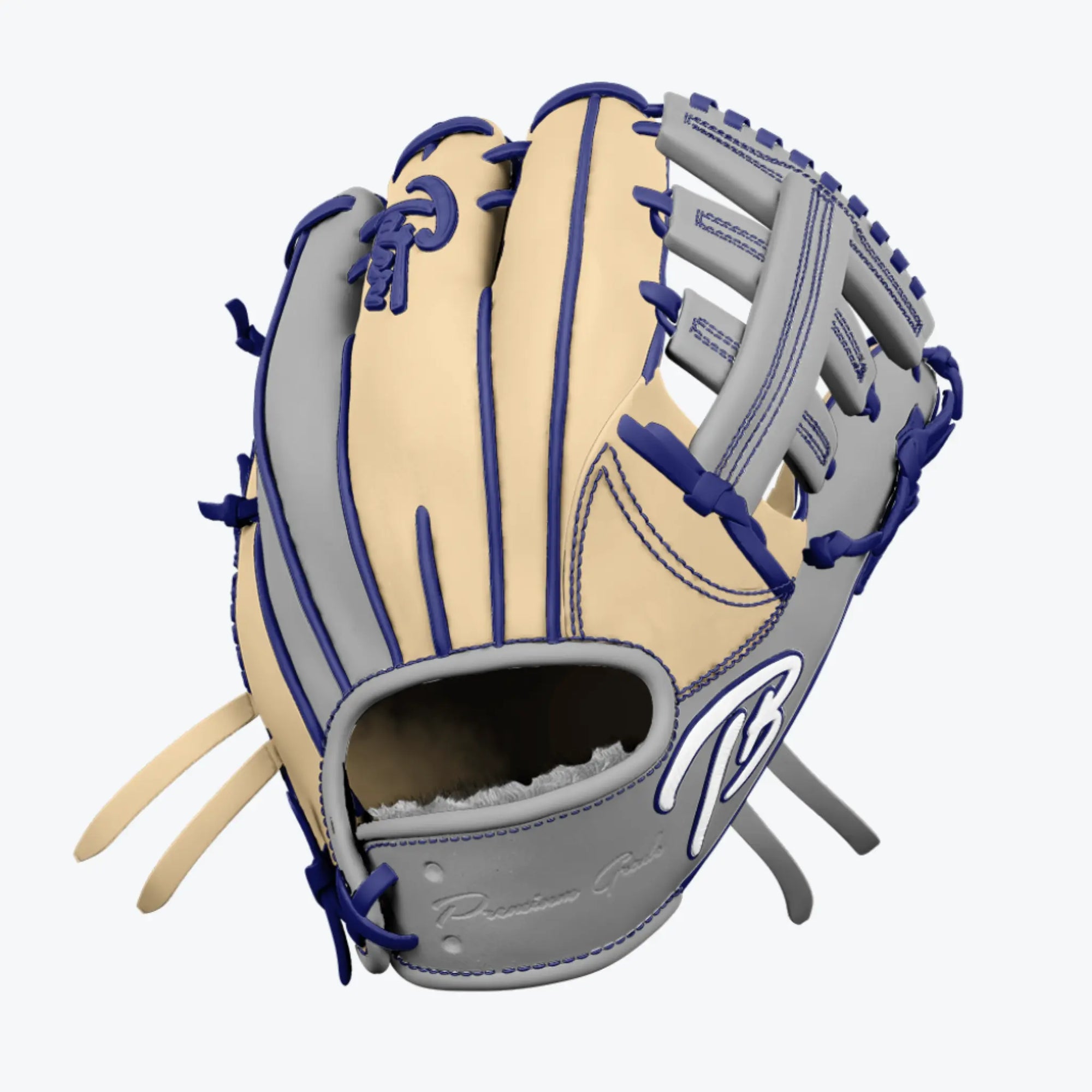 Custom-crafted outfielder's baseball glove with a double post web design by Tater, featuring a cream and navy color scheme, with a prominent 'TB' logo and 'Premium Grade' inscription, ready for game-day action.