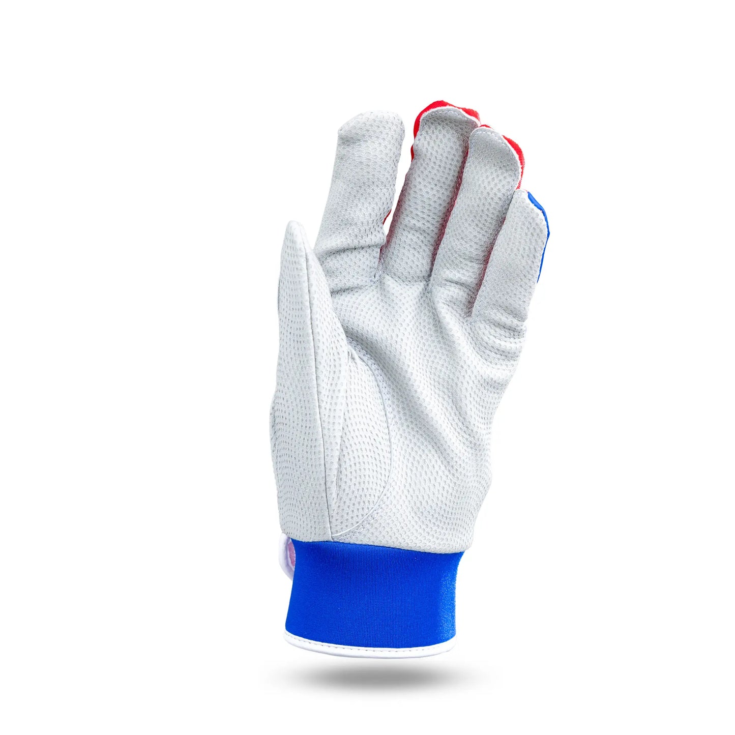 Palm view of Tater Baseball's high-performance batting gloves, featuring durable white mesh for breathability, with red stitched accents and a blue neoprene wrist cuff for secure fit and comfort, against a clean white background.