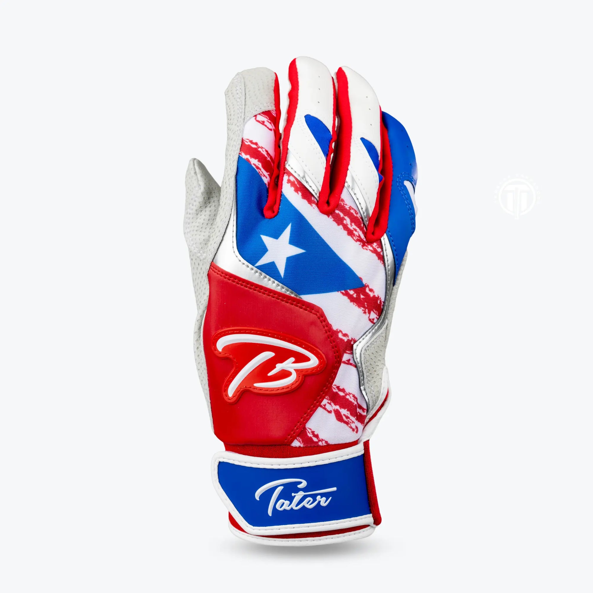 High-performance Tater baseball batting gloves featuring a Puerto Rico-inspired design with vivid red, white, and blue colors, accented with a single star, and the distinctive 'TB' logo for a touch of patriotic flair.
