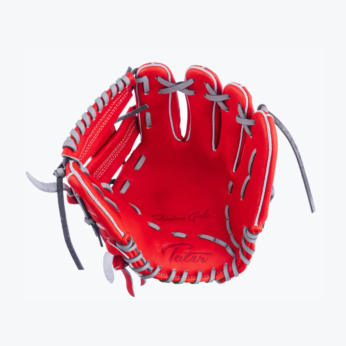 Vibrant red and grey Tater Baseball infielder training glove, 9-inch size, showcasing inside view with signature ‘Precision Grip’ for right-hand throwers.