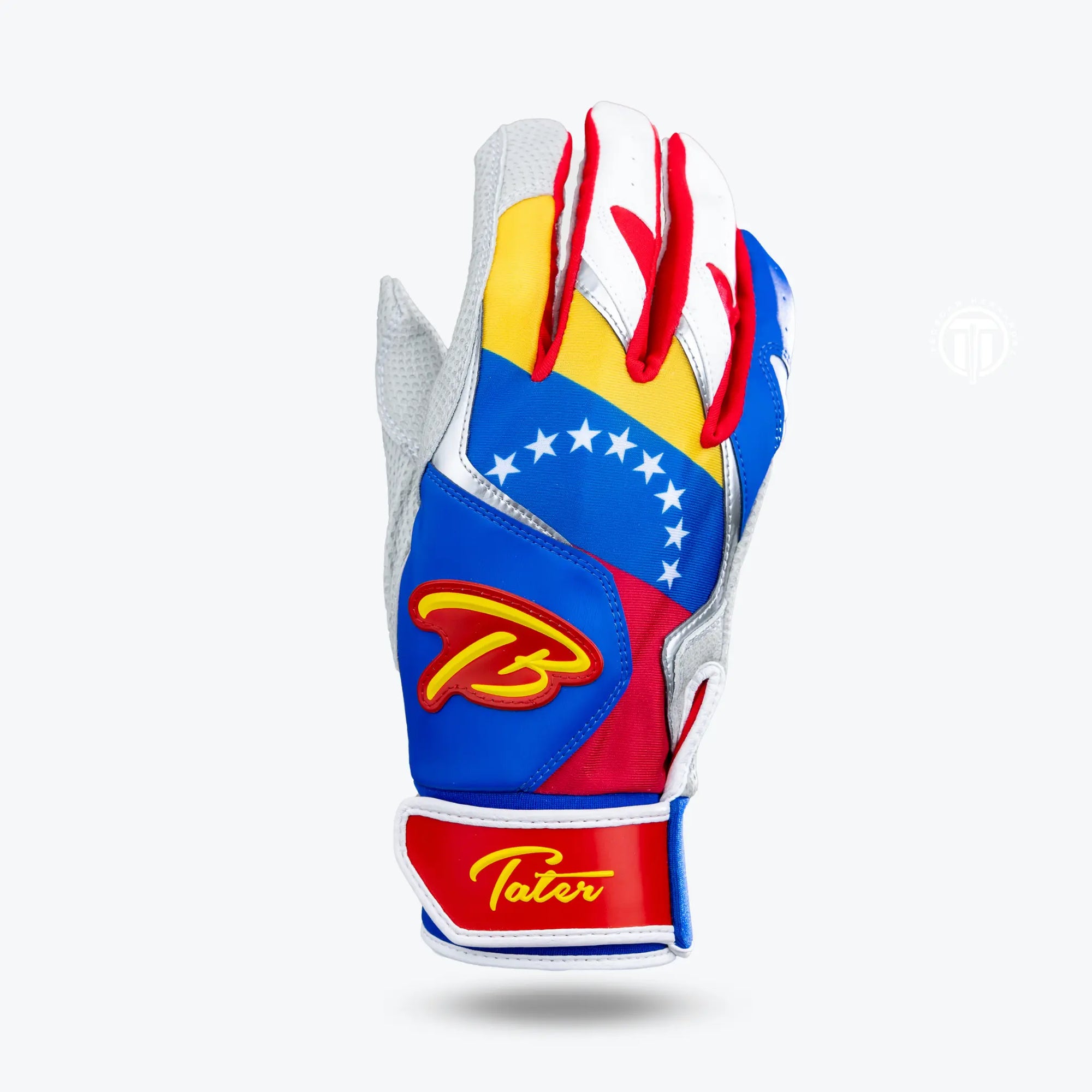 Adult-sized Tater Baseball batting gloves featuring a vibrant Venezuelan flag-inspired design with a blue, yellow, and red colorway, enhanced with a prominent Tater logo on the adjustable wrist strap, and a stylized 'TB' emblem on the back for a patriotic and performance-oriented look.
